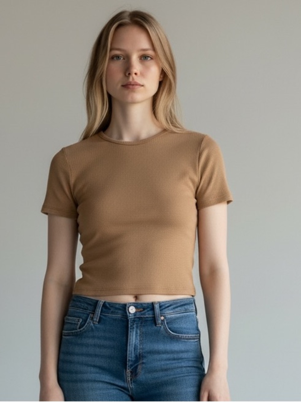 Aritzia TNA Cropped Waffle Tee in Tan